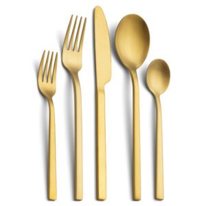 CJ-0012   Matte black handle stainless steel knife, fork and spoon set of 5 pieces. Flat one-piece formed tableware set.