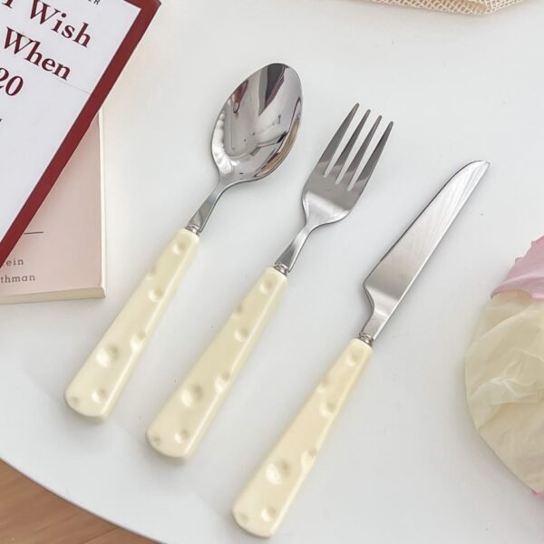 SLCJ-0002   Cute Western-style tableware set - Cheese style - Home use - Portable - Stainless steel - Steak knife and fork - Dessert spoon - Chopsticks - Customizable 3-piece set