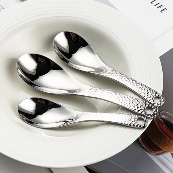 CJ-0023   304 stainless steel spoon - vintage thickened high-profile soup spoon with hammer pattern design - household dinner spoon with hanging holes and handle spoon