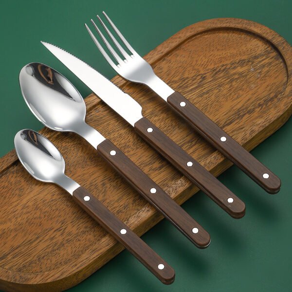 MZCJ-0003   430 stainless steel knife, fork and spoon set with French rivets. Anti-slip wooden handles. Hotel western tableware. Steak knife, fork and spoon set