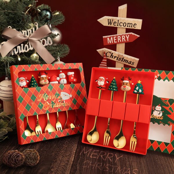 CJ-0025   Stainless steel Christmas creative spoon and fork set as gift tableware. Includes fruit fork, coffee spoon. Set of Christmas tree, Santa Claus, snowman, socks, elk, Christmas hat. Can be combined freely in 2 to 4 sets