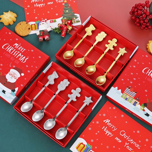 CJ-0026    Stainless steel Christmas gift set tableware set - Gift set - Creative coffee spoons 4-piece set - Cartoon gingerbread man, snowman, star, socks