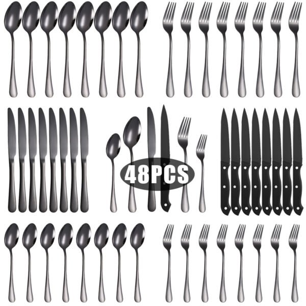 CJ-0006   Stainless steel tableware set for 4 to 8 people - knife, fork, spoon, steak knife set - 24 to 48 pieces set in a colorful box