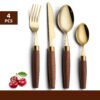 MZCJ-0001   Wood-handled stainless steel dinnerware set (forks, knives, spoons) in vintage style - 4-piece set suitable for home use and hotels