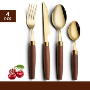MZCJ-0001   Wood-handled stainless steel dinnerware set (forks, knives, spoons) in vintage style - 4-piece set suitable for home use and hotels
