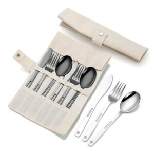 CJ-0009   Stainless steel outdoor knife, fork and spoon set of 7 pieces. Roll-up storage bag. Lightweight hollow design makes it more portable. Easy to carry. Portable tableware for camping and outdoor activities.