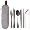 CJ-0029   Stainless steel tableware set - Portable creative western tableware knife, fork, spoon, chopsticks and straw set of 7 pieces