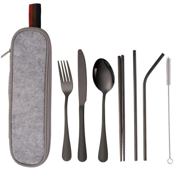 CJ-0029   Stainless steel tableware set - Portable creative western tableware knife, fork, spoon, chopsticks and straw set of 7 pieces