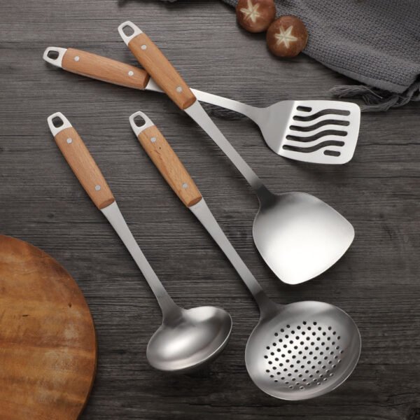 MZCJ-0002   Home and Kitchen Gadget Stainless Steel Spoon Ladle Utensils Set Wood Grain Handle Insulation Kitchenware Cooking Utensils Sets