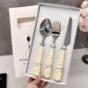 SLCJ-0002   Cute Western-style tableware set - Cheese style - Home use - Portable - Stainless steel - Steak knife and fork - Dessert spoon - Chopsticks - Customizable 3-piece set