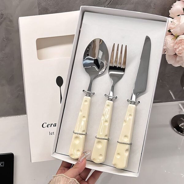 SLCJ-0002   Cute Western-style tableware set - Cheese style - Home use - Portable - Stainless steel - Steak knife and fork - Dessert spoon - Chopsticks - Customizable 3-piece set