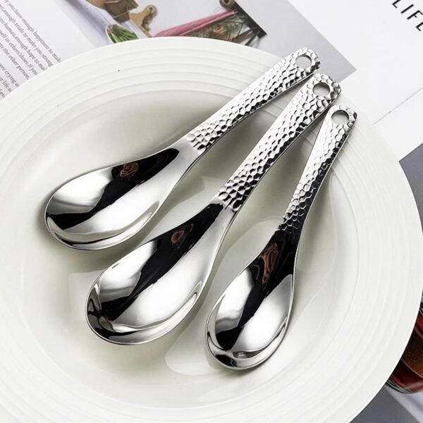 CJ-0023   304 stainless steel spoon - vintage thickened high-profile soup spoon with hammer pattern design - household dinner spoon with hanging holes and handle spoon