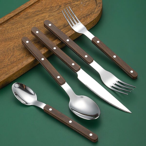 MZCJ-0003   430 stainless steel knife, fork and spoon set with French rivets. Anti-slip wooden handles. Hotel western tableware. Steak knife, fork and spoon set