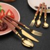 MZCJ-0004   304 stainless steel small waist design rosewood handle non-slip western dining set. Including 7 styles of knives, forks, spoons, etc. They can be freely combined. The color can be customized