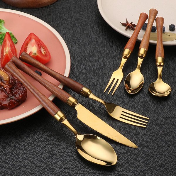MZCJ-0004   304 stainless steel small waist design rosewood handle non-slip western dining set. Including 7 styles of knives, forks, spoons, etc. They can be freely combined. The color can be customized