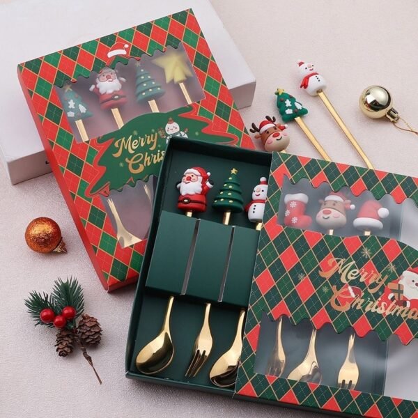 CJ-0025   Stainless steel Christmas creative spoon and fork set as gift tableware. Includes fruit fork, coffee spoon. Set of Christmas tree, Santa Claus, snowman, socks, elk, Christmas hat. Can be combined freely in 2 to 4 sets