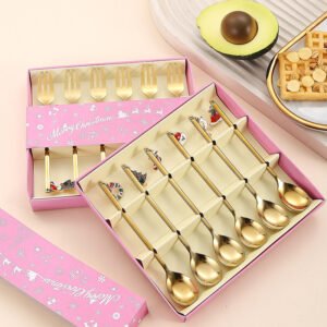 主图_2 CJ-0027   Stainless steel Christmas tableware gift set - Long-handled coffee spoons, long-handled dessert forks. Creative Christmas ornaments. Gift box set of 6 pieces