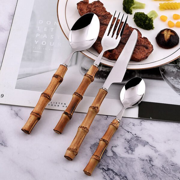 MZCJ-0006   Stainless steel tableware set - knives, forks and spoons - suitable for both hotel and home dining. The handles are made of natural bamboo, providing both anti-slip properties and environmental friendliness