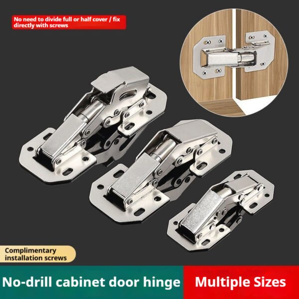 Non-drilled-in concealed mounting hinges, suitable for cabinet doors of household items such as shoe cabinets and cabinets. Equipped with a buffer, they do not require drilling for installation and offer various sizes and material options