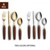 MZCJ-0001   Wood-handled stainless steel dinnerware set (forks, knives, spoons) in vintage style - 4-piece set suitable for home use and hotels
