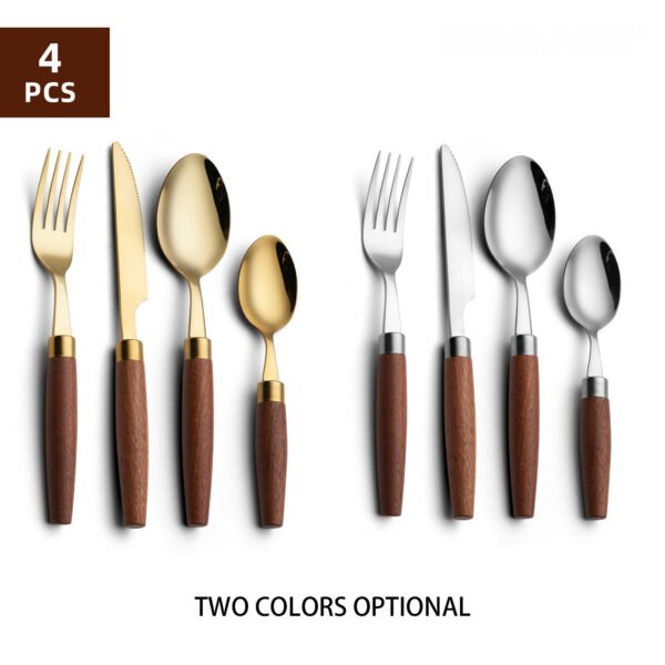 MZCJ-0001   Wood-handled stainless steel dinnerware set (forks, knives, spoons) in vintage style - 4-piece set suitable for home use and hotels