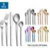 CJ-0012   Matte black handle stainless steel knife, fork and spoon set of 5 pieces. Flat one-piece formed tableware set.