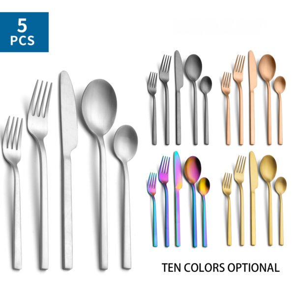CJ-0012   Matte black handle stainless steel knife, fork and spoon set of 5 pieces. Flat one-piece formed tableware set.