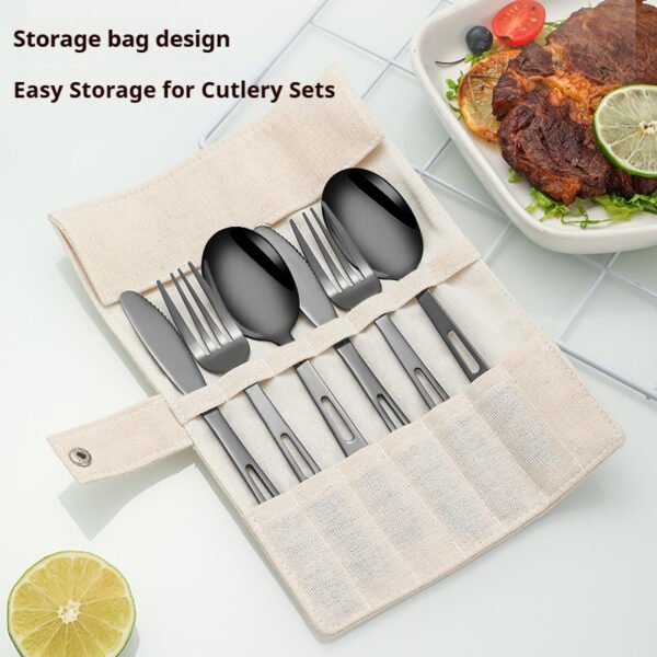 CJ-0009   Stainless steel outdoor knife, fork and spoon set of 7 pieces. Roll-up storage bag. Lightweight hollow design makes it more portable. Easy to carry. Portable tableware for camping and outdoor activities.