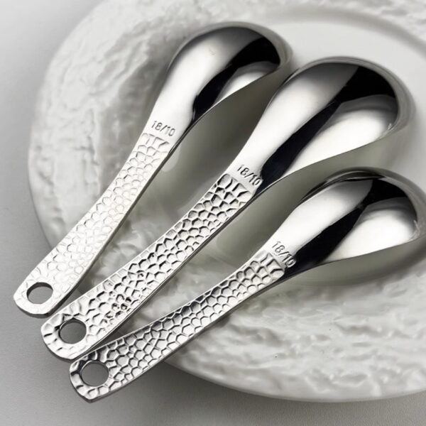 CJ-0023   304 stainless steel spoon - vintage thickened high-profile soup spoon with hammer pattern design - household dinner spoon with hanging holes and handle spoon