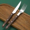 MZCJ-0003   430 stainless steel knife, fork and spoon set with French rivets. Anti-slip wooden handles. Hotel western tableware. Steak knife, fork and spoon set