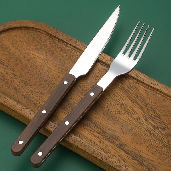 MZCJ-0003   430 stainless steel knife, fork and spoon set with French rivets. Anti-slip wooden handles. Hotel western tableware. Steak knife, fork and spoon set