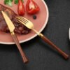 MZCJ-0004   304 stainless steel small waist design rosewood handle non-slip western dining set. Including 7 styles of knives, forks, spoons, etc. They can be freely combined. The color can be customized