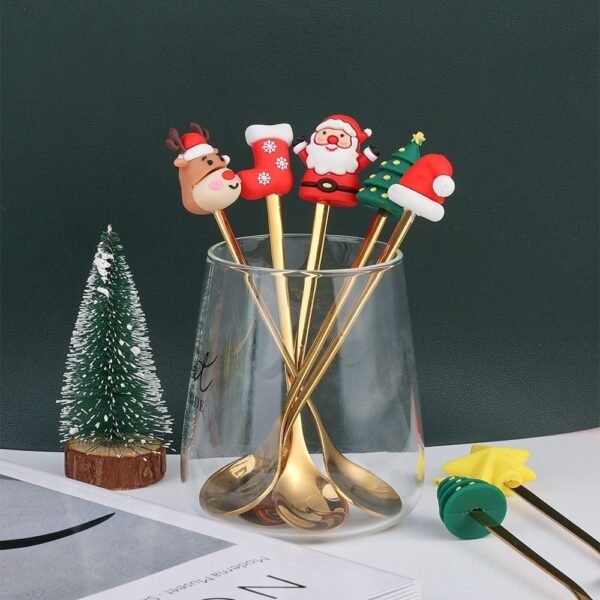 CJ-0025   Stainless steel Christmas creative spoon and fork set as gift tableware. Includes fruit fork, coffee spoon. Set of Christmas tree, Santa Claus, snowman, socks, elk, Christmas hat. Can be combined freely in 2 to 4 sets