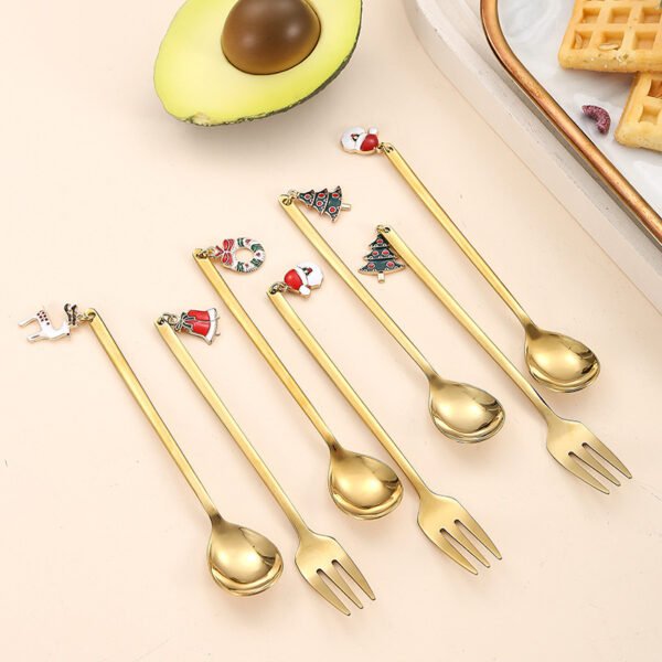 CJ-0027   Stainless steel Christmas tableware gift set - Long-handled coffee spoons, long-handled dessert forks. Creative Christmas ornaments. Gift box set of 6 pieces