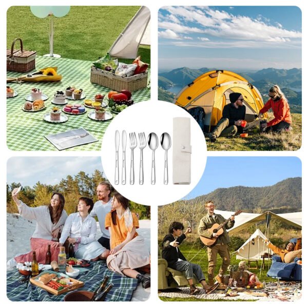 CJ-0009   Stainless steel outdoor knife, fork and spoon set of 7 pieces. Roll-up storage bag. Lightweight hollow design makes it more portable. Easy to carry. Portable tableware for camping and outdoor activities.