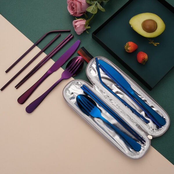 CJ-0029   Stainless steel tableware set - Portable creative western tableware knife, fork, spoon, chopsticks and straw set of 7 pieces