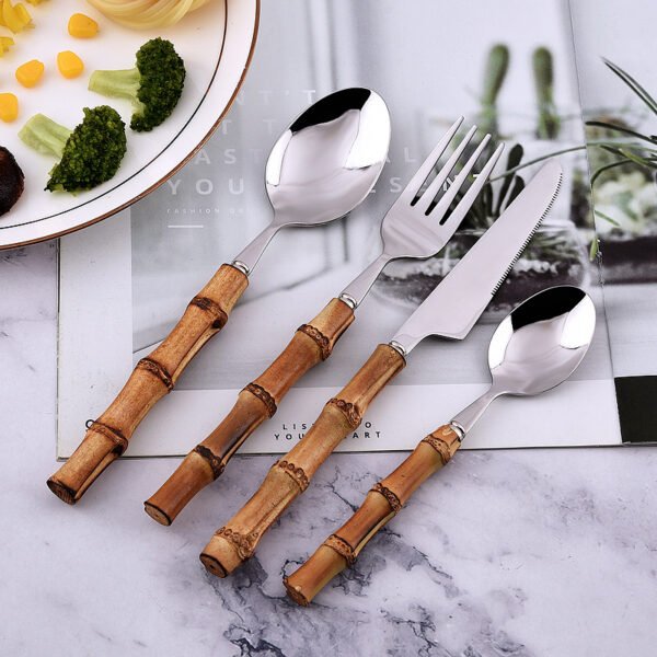 MZCJ-0006   Stainless steel tableware set - knives, forks and spoons - suitable for both hotel and home dining. The handles are made of natural bamboo, providing both anti-slip properties and environmental friendliness