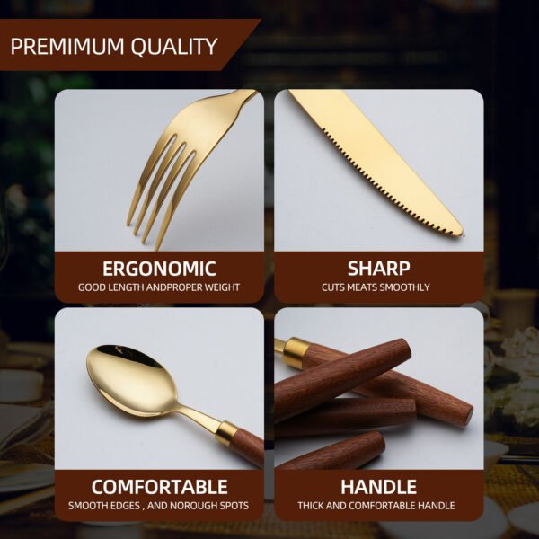 MZCJ-0001   Wood-handled stainless steel dinnerware set (forks, knives, spoons) in vintage style - 4-piece set suitable for home use and hotels