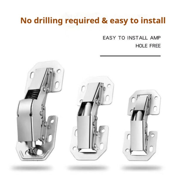 Non-drilled-in concealed mounting hinges, suitable for cabinet doors of household items such as shoe cabinets and cabinets. Equipped with a buffer, they do not require drilling for installation and offer various sizes and material options