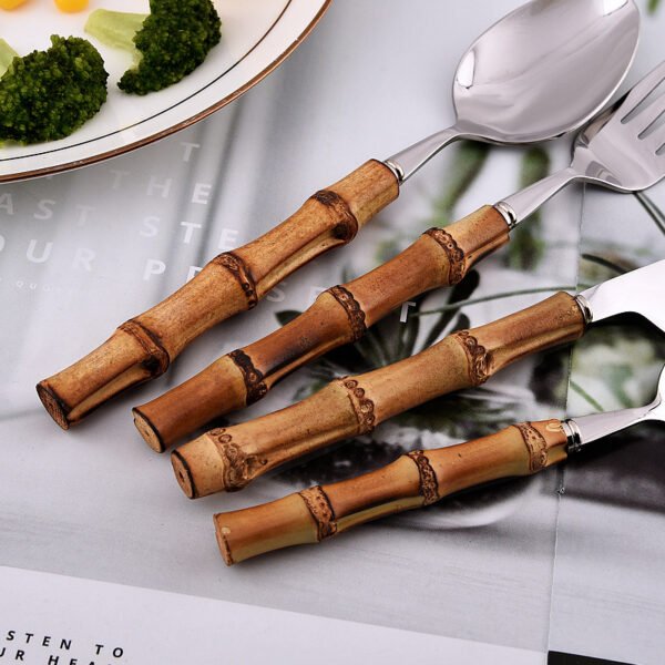 MZCJ-0006   Stainless steel tableware set - knives, forks and spoons - suitable for both hotel and home dining. The handles are made of natural bamboo, providing both anti-slip properties and environmental friendliness