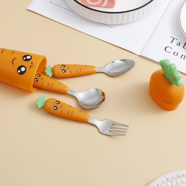 SLCJ-0001   Portable tableware set - Cute cartoon carrot - Stainless steel knife, fork, ladle, scraping spoon, colander. Choose any three sets and pack them in a carrot-shaped storage box