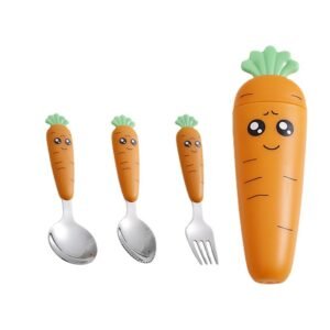 SLCJ-0001   Portable tableware set - Cute cartoon carrot - Stainless steel knife, fork, ladle, scraping spoon, colander. Choose any three sets and pack them in a carrot-shaped storage box