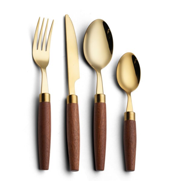MZCJ-0001   Wood-handled stainless steel dinnerware set (forks, knives, spoons) in vintage style - 4-piece set suitable for home use and hotels