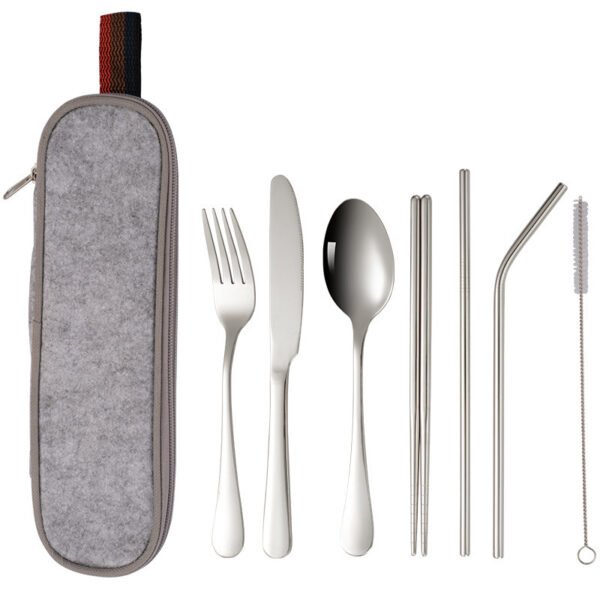 CJ-0029   Stainless steel tableware set - Portable creative western tableware knife, fork, spoon, chopsticks and straw set of 7 pieces