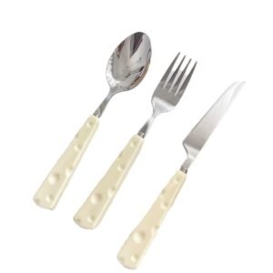 SLCJ-0002   Cute Western-style tableware set - Cheese style - Home use - Portable - Stainless steel - Steak knife and fork - Dessert spoon - Chopsticks - Customizable 3-piece set
