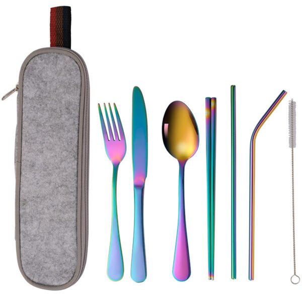 CJ-0029   Stainless steel tableware set - Portable creative western tableware knife, fork, spoon, chopsticks and straw set of 7 pieces