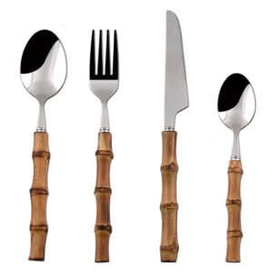 MZCJ-0006   Stainless steel tableware set - knives, forks and spoons - suitable for both hotel and home dining. The handles are made of natural bamboo, providing both anti-slip properties and environmental friendliness