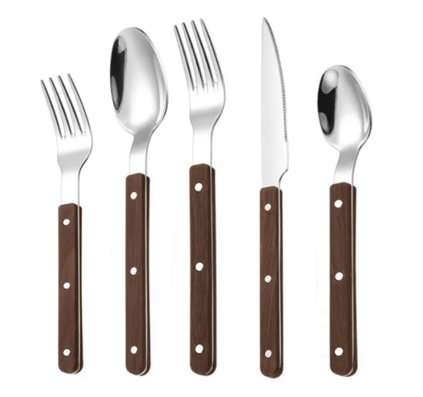 MZCJ-0003   430 stainless steel knife, fork and spoon set with French rivets. Anti-slip wooden handles. Hotel western tableware. Steak knife, fork and spoon set