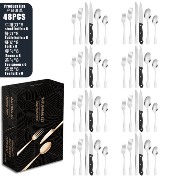 CJ-0006   Stainless steel tableware set for 4 to 8 people - knife, fork, spoon, steak knife set - 24 to 48 pieces set in a colorful box