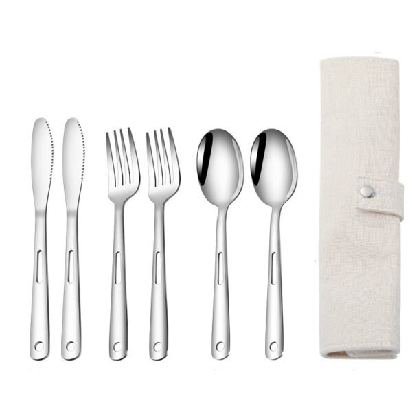 CJ-0009   Stainless steel outdoor knife, fork and spoon set of 7 pieces. Roll-up storage bag. Lightweight hollow design makes it more portable. Easy to carry. Portable tableware for camping and outdoor activities.